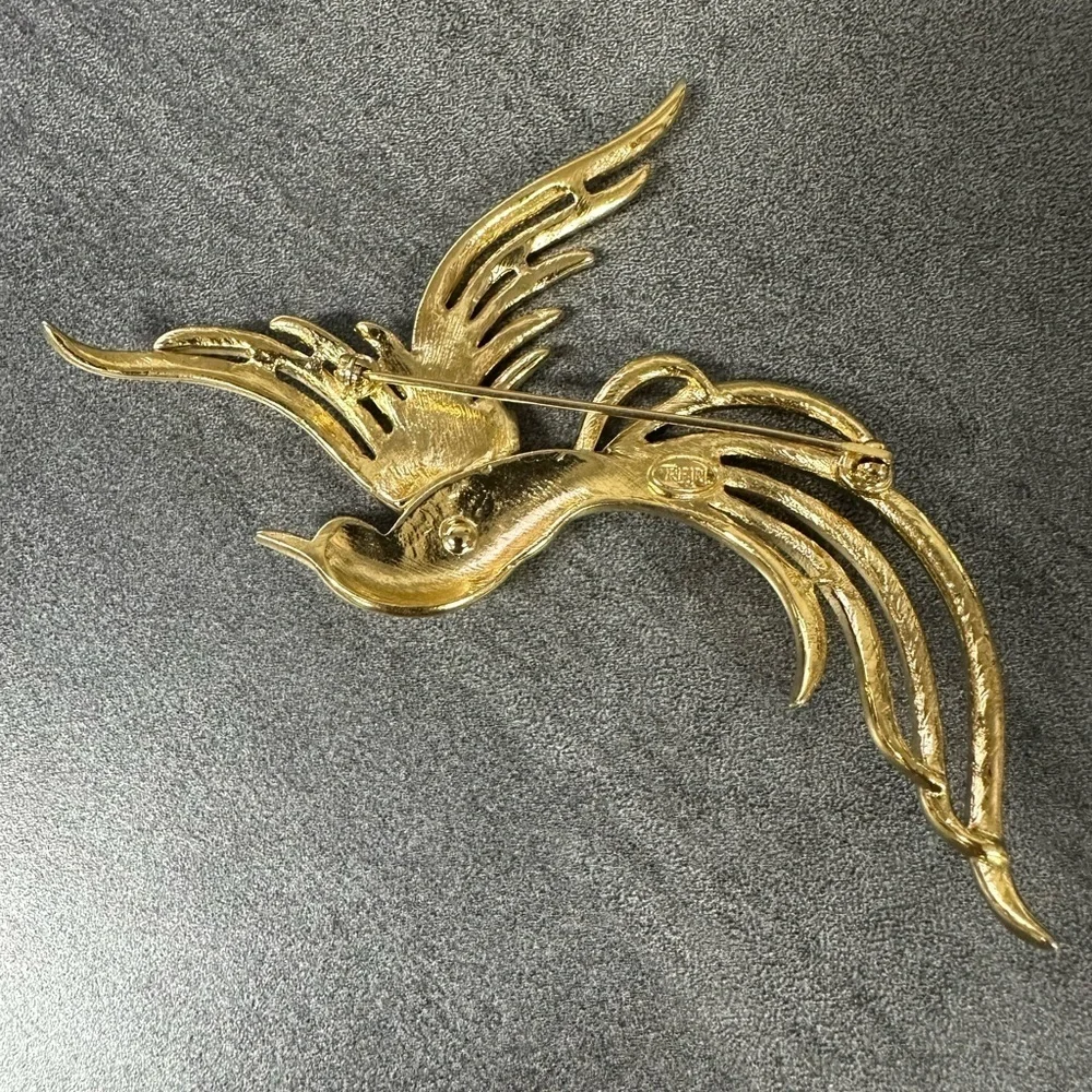 Vintage Trifari Signed Gold Pink Enamel Paradise Large Bird Brooch